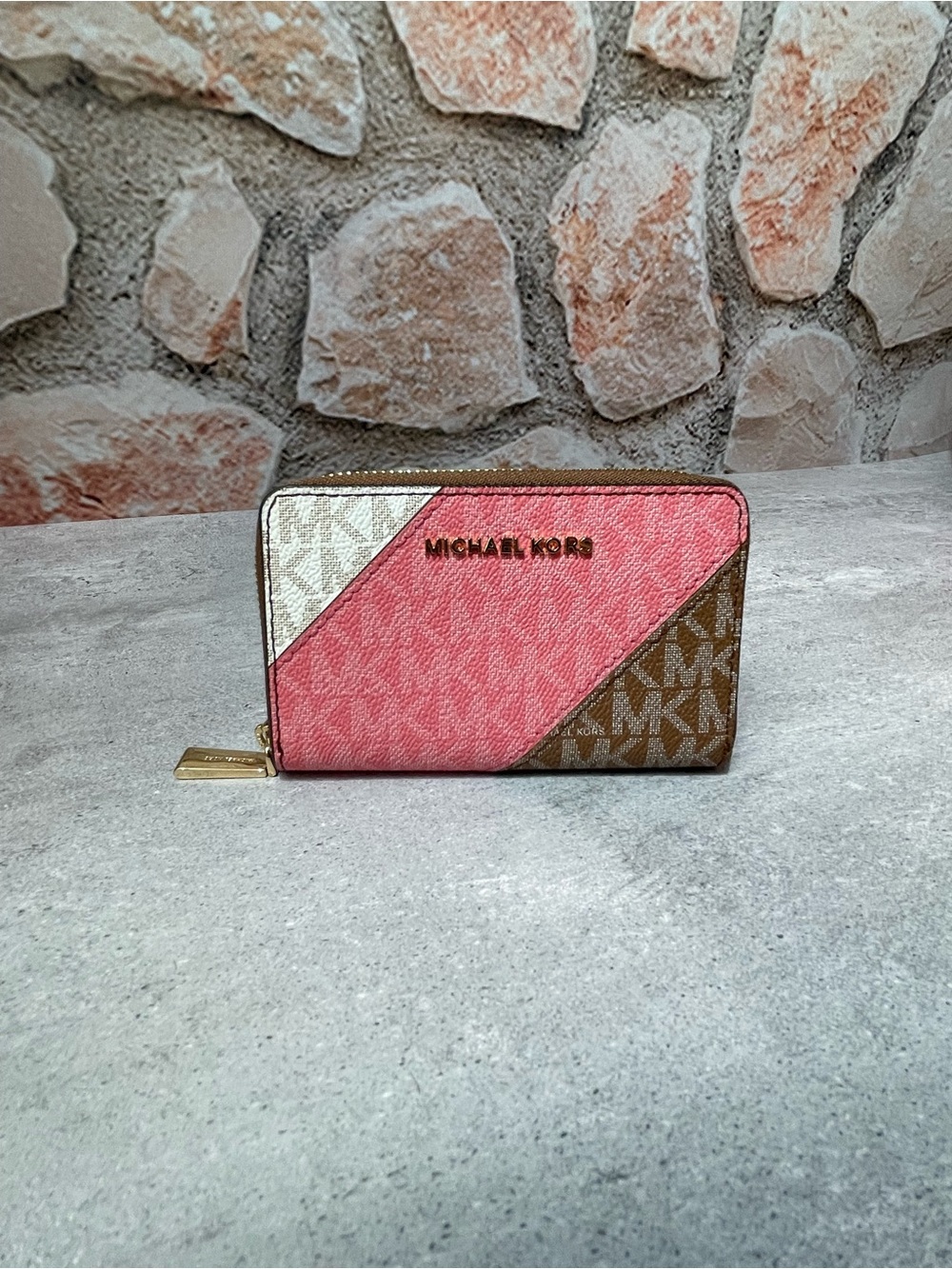 Michael Kors Jet Set Small Signature Logo Zip Around Card Case Tea Rose Multi